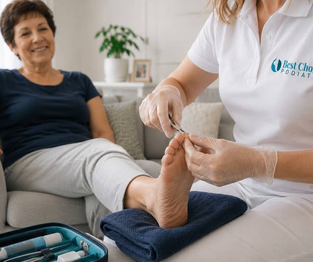 Podiatrist providing foot care at a client's home